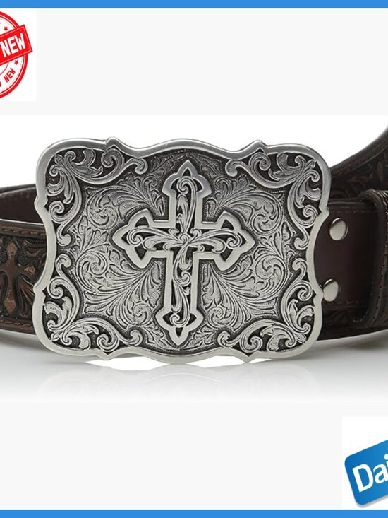 Genuine Leather Western Belt with Cross Buckle, Small Size